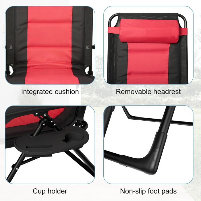 Розкладне ліжко для саду, широке 72 см, з підстаканником та подушкою, для відпочинку на вулиці (червоне)