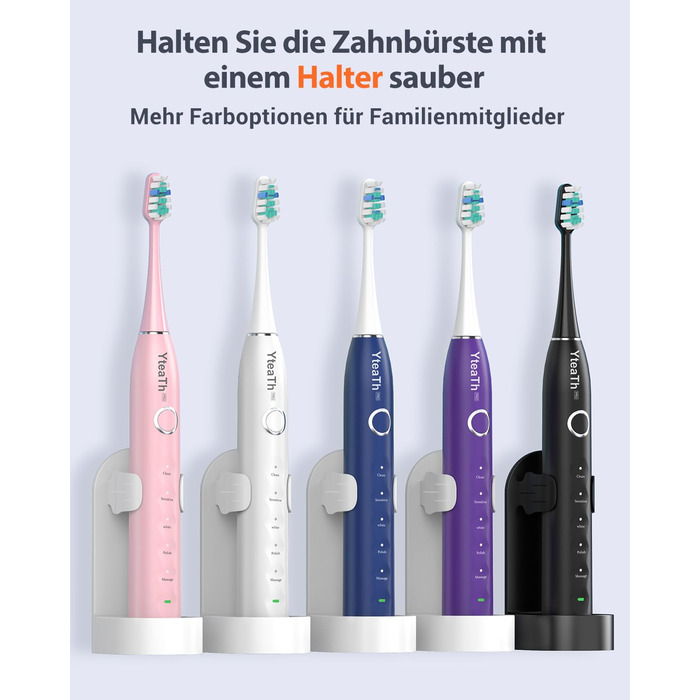 Електрична зубна щітка зі звуковими вібраціями, 8 насадок, 5 режимів, таймер, акумулятор 120 днів, для дорослих, чорний колір, заряджна станція