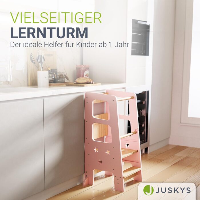Стульчик-сходинка Juskys Lernturm Henny для дітей від 1 року, регульований, з захистом від перекидання, білий (рожевий)