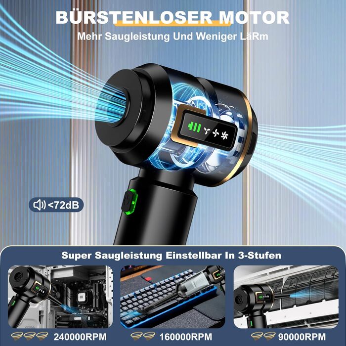 Акумуляторний ручний пилосос 4-в-1 для авто та дому з LCD-дисплеєм, потужність 28000Па, 3 режими роботи, бездротовий міні-пилосос від шерсті та пилу, чорний