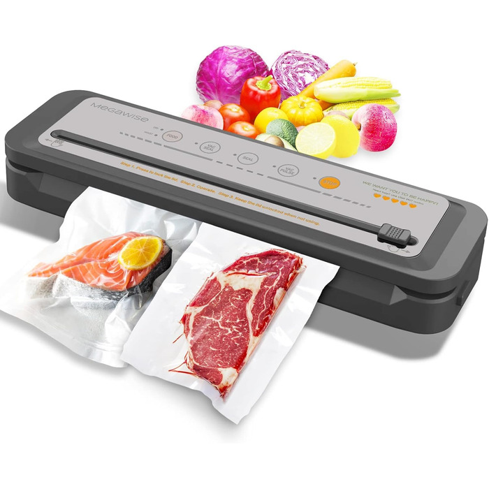 Вакууматор MegaWise — потужний компактний автоматичний вакуумний пакувальник для продуктів харчування, сірий