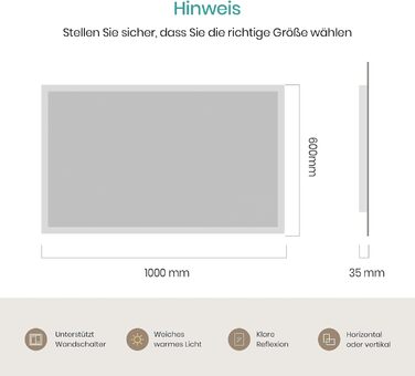 Дзеркало для ванної кімнати EMKE® з підсвічуванням 80x60 см, тепле біле світло 3000K, вимикач, вертикальна/горизонтальна установка, IP44, енергозберігаюче
