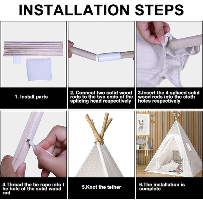 Дитячий намет-типі Kindertipi Dacron 120x120x160 см з вікном, для дому, білий. Стабільний намет-типі для дітей з 4 дерев'яними опорами
