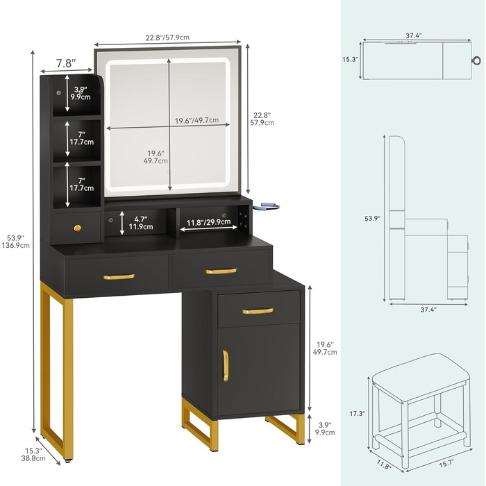 Туалетний столик YITAHOME зі світлодіодним освітленням, дзеркало, ящики та табурети, чорний, для спальні