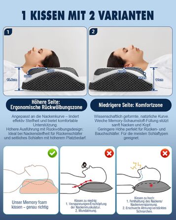 Ортопедична подушка IDEA, ергономічна подушка для шиї, подушка з memory foam, оригінальна для тих, хто спить на боці, на спині та на животі, подушка-підголівник для чоловіків та жінок (67.3 x 38.2 x 13.8/3 см)