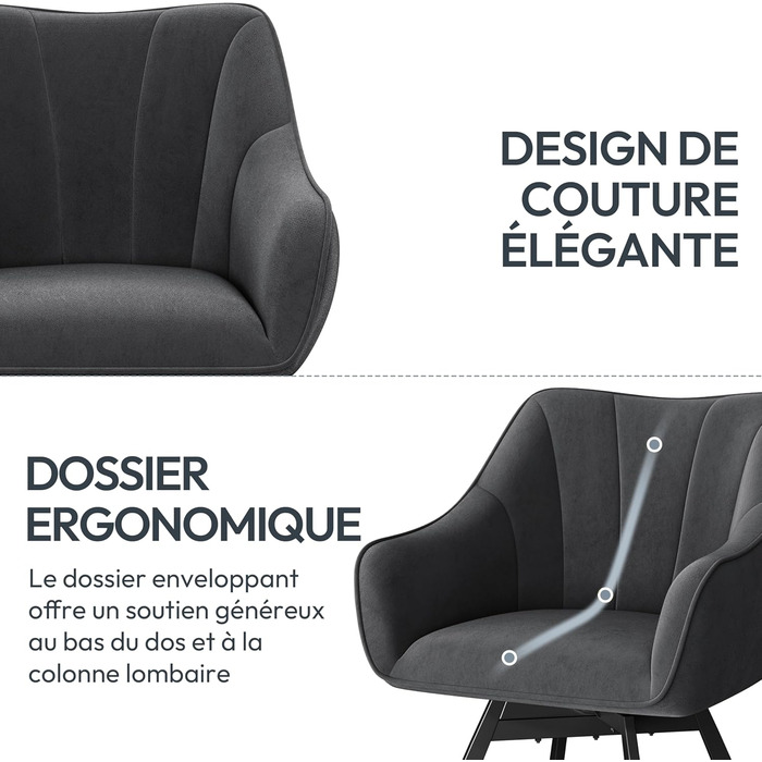 Крісло Yaheetech для кухні/їдальні/вітальні, обертається на 360°, з підлокітниками та металевими ніжками, темно-сірий (2 шт.)