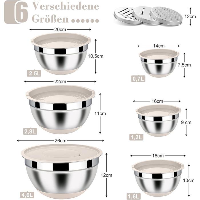 Набір місок Homikit з нержавіючої сталі, 6 шт. з тертками, кришками та силіконовим дном, 4.6/2.8/2.5/1.6/1.2/0.7 л, зелений