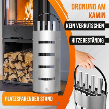 Набір камінне приладдя KESSER® 5 предметів | Сучасний дизайн, з покриттям, високоякісна камінна гарнітура | Besen, Schaufel, Schürhaken, Zange, Ständer mit Sichtschutz Edelstahl (Silver)