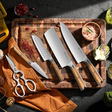 Набір ножів Sunnecko 6 шт. з підставкою – кухонний набір ножів, кухонні ножі з ергономічними ручками, гострими лезами, підставка з нержавіючої сталі та акації