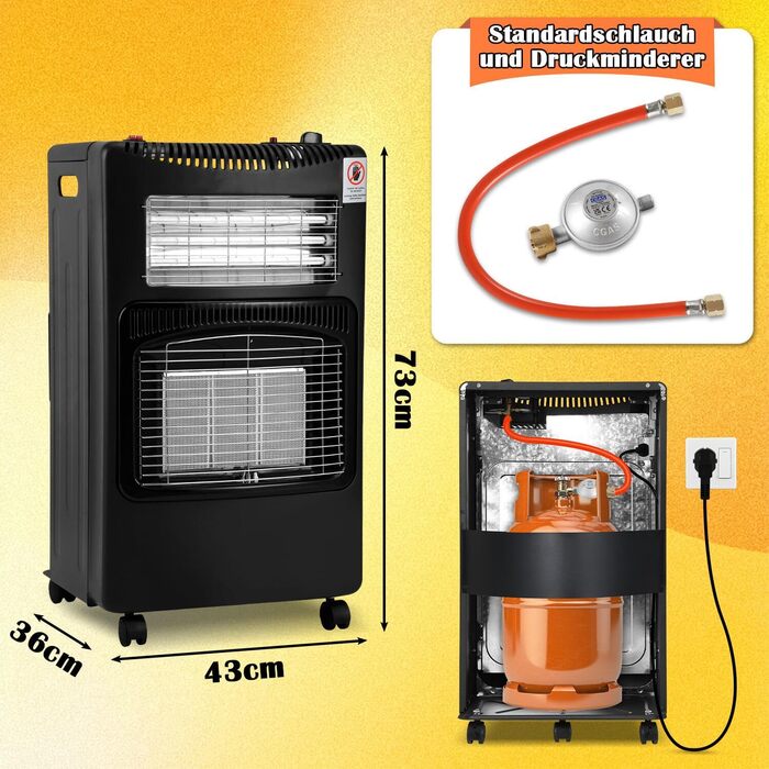 Газовий обігрівач Jiubiaz 4200W з електричним підігрівом 1260W, інфрачервоний керамічний нагрівач, газовий нагрівач з регулятором тиску газу, шлангом, газовим обладнанням, сумісний з балонами бутан/пропан до 15 кг