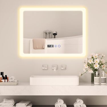 Дзеркало для ванної кімнати YU YUSING з підсвічуванням 80x60 см, LED, 3 кольори світла, регулювання яскравості, антизапар, сенсорне управління, таймер, загартоване скло, IP44, прозоре