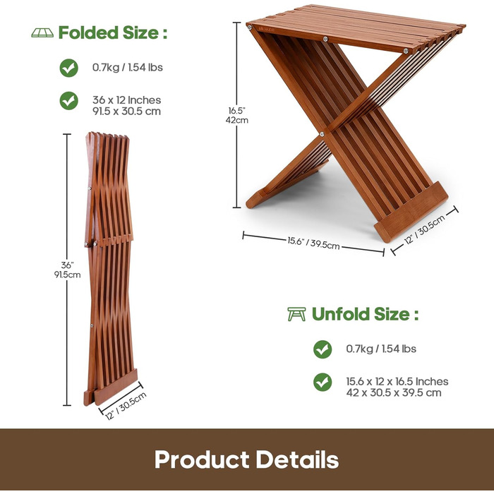 Складаний табурет для сауни та душу WILLOWYBE – водовідштовхувальна бамбукова лавка, багатоцільовий стілець для ванної кімнати та парильні (Темно-коричневий)