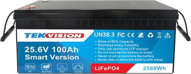 Акумулятор Tekvision LiFePO4 24V 100Ah з BMS для автофургону, човна, сонячної системи, каравану, домогосподарства