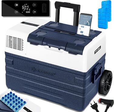 KESSER® Холодильник-морозильник компресорний електричний 42л, -20°C, з керуванням через додаток, USB, 12/24/230V, телескопічна стійка, колеса, для авто, вантажівки, човна, блакитний
