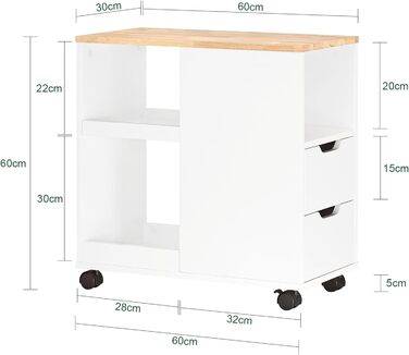 Столик для принтера SoBuy на колесах, з полицями, білий та натуральний колір, 30x60x60 см (FBT130-WN)