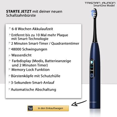 Електрична звукова зубна щітка Tristan Auron SmartOne (Блакитна) – 48 000 вібрацій, 5 режимів, дисплей, USB-C, акумулятор на 6-8 тижнів, IPX7, 6 насадок з чохлом