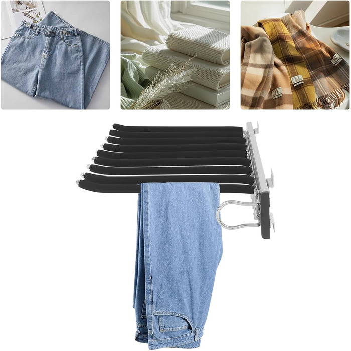 Висувна вішалка для штанів, полиця для штанів у шафу, 9 тримачів для шарфів, висувна вішалка для штанів, одягу, краваток, шарфів, глибина шафи 48 см (правий монтаж)