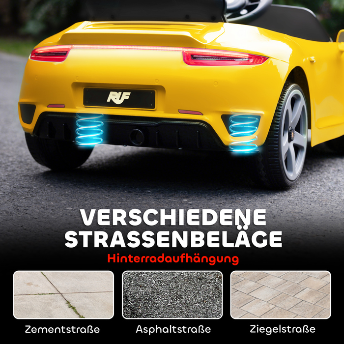 Дитячий електромобіль на акумуляторі, з дистанційним керуванням, музикою, звуком клаксона, USB-роз'ємом, ременем безпеки, для дітей 3-5 років, жовтого кольору.