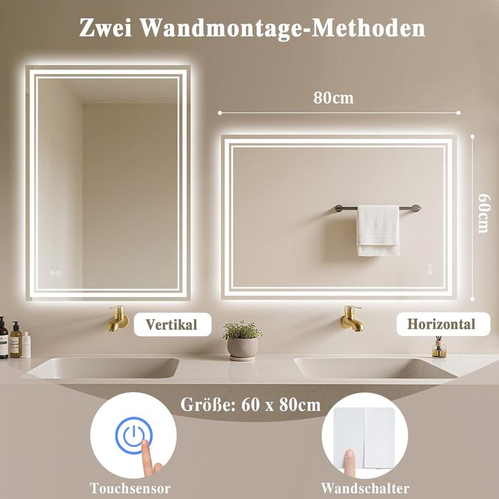 Дзеркало для ванної кімнати Badspiegel з підсвічуванням LED 50x70 см, антизапар, сенсорне управління, регулювання яскравості, 3 кольори світла, настінне, горизонтальне/вертикальне