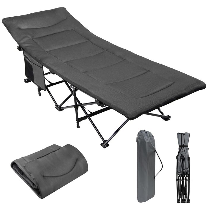 Складане кемпінгове ліжко ALPIDEX з м'яким матрацом та кишенею, витримує до 200 кг, сіре