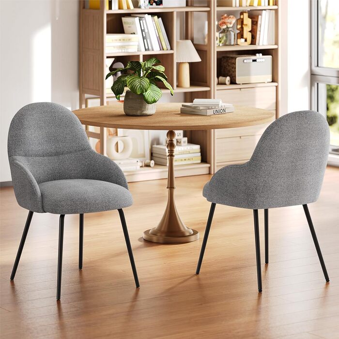 Набір обідніх стільців з підлокітниками – ергономічні м'які стільці, сучасні кухонні стільці з льоновим покриттям та металевими ніжками, для вітальні, обідньої кімнати, кухні, бежевий (2 шт., льон світло-сірий)