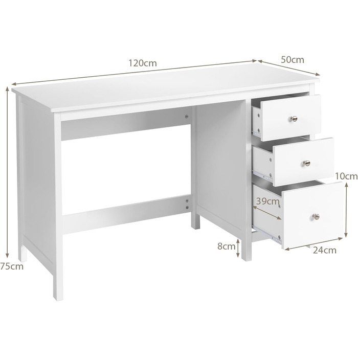 Комп'ютерний стіл LIFEZEAL з 3 шухлядами, 120 x 50 см, для офісу та робочого кабінету (білий)