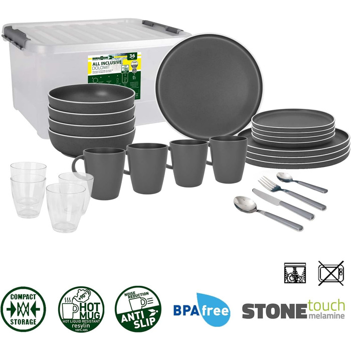 Набір посуду BRUNNER Melamin Camping | 12 предметів - тарілки та миски для 2-4 осіб | DOLOMIT Midday, стікельний, стійкий до подряпин (All Inclusive 36+1)