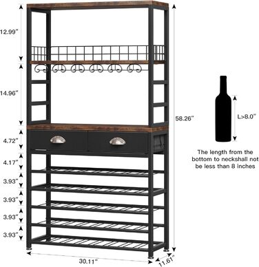 Стійка шафа для вина Homeiju, 4-ярусна, з полицями для лікеру та келихів, з підставкою для склянок, ящиком та місцем для вина, для вітальні/кухні (ретро-чорний/коричневий)