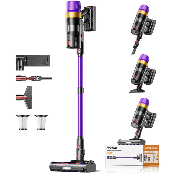 Акумуляторний пилосос бездротовий для шерсті тварин, 1.8л з дисплеєм, 55000Па/620Вт/75хв, вертикальний з анти-заплутувальною щіткою та док-станцією для килимів/твердих підлог/авто, фіолетовий