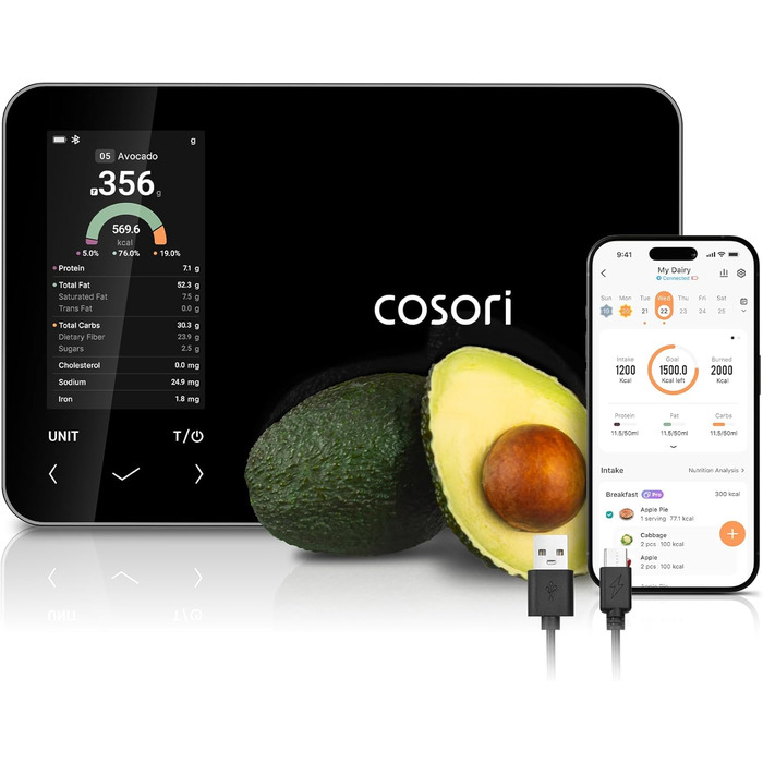 Ваги кухонні COSORI Smart Kitchen - цифрові, з підключенням до додатку, підрахунок калорій, 19 поживних речовин, USB-C, преміум якість