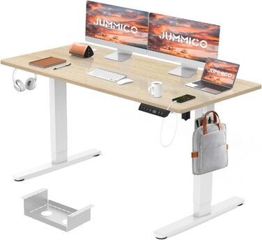 Електричний регульований стіл JUMMICO 160x80 см з зарядкою, комп'ютерний стіл з кабелеуправлінням, ергономічний стіл для сидіння та стояння, білий (бежевий)