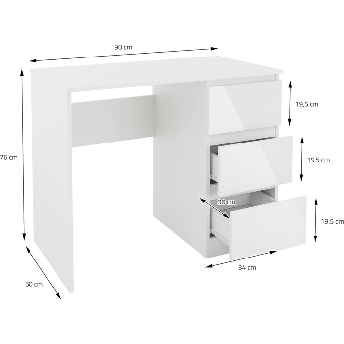Письмовий стіл ML-Design з 3 шухлядами, 90x76x50 см, з великим простором для зберігання, сучасний, робочий стіл Офісний стіл Комп'ютерний стіл Офісні меблі Дитячий стіл Стіл для ноутбука Стіл для ПК для дому/офісу (білий, фасади шухляд глянцеві)