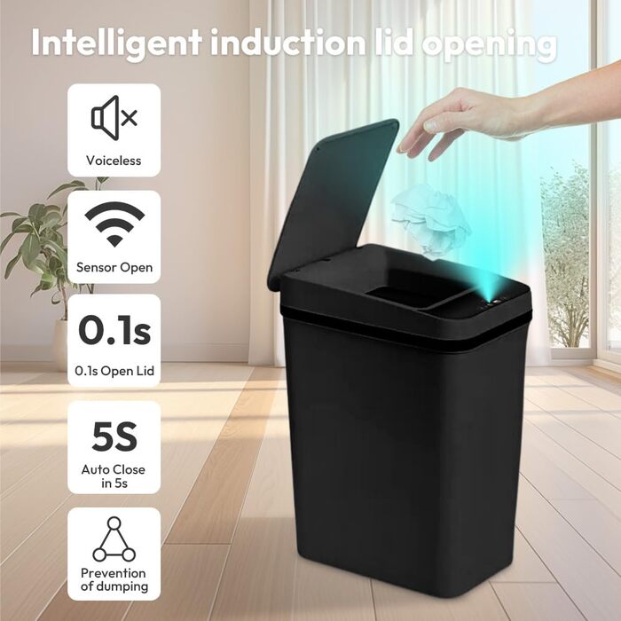Чорний автоматичний смітник 8L з датчиком - для ванної кімнати, кухні, безшумний, сенсорний, вологостійкий