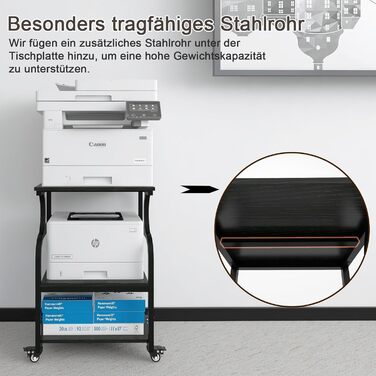 Регульований стіл для принтера PUNCIA з 3 полицями, з роликами, мобільний візок для принтера з дерева та металу, чорний (60 x 50 см)