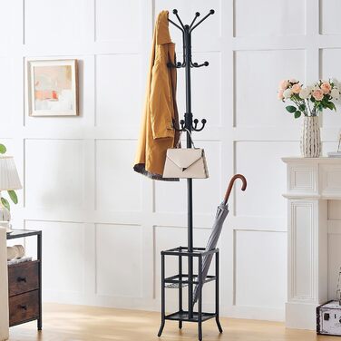 Настінна/підлогова вішалка для одягу FAVOOSTY з підставкою для парасольки, 12 гачків, срібна/чорна