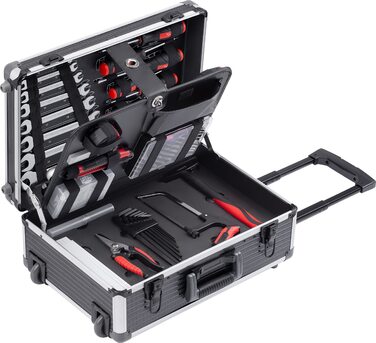 Набір інструментів Meister 156 предметів у візку на колесах з телескопічною ручкою - професійний кейс для інструментів, чорний/сріблястий, 8971440