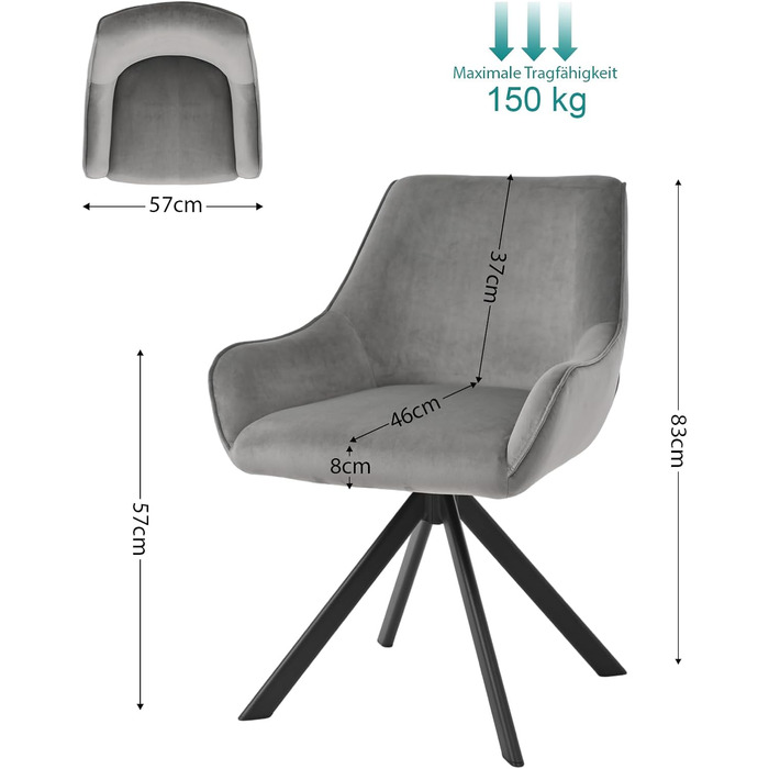 Обідні стільці поворотні, комплект 6 шт. з підлокітниками, сучасний дизайн, металевий каркас, для кухні, вітальні, офісу, бежевий/світло-сірий (льон/велюр)