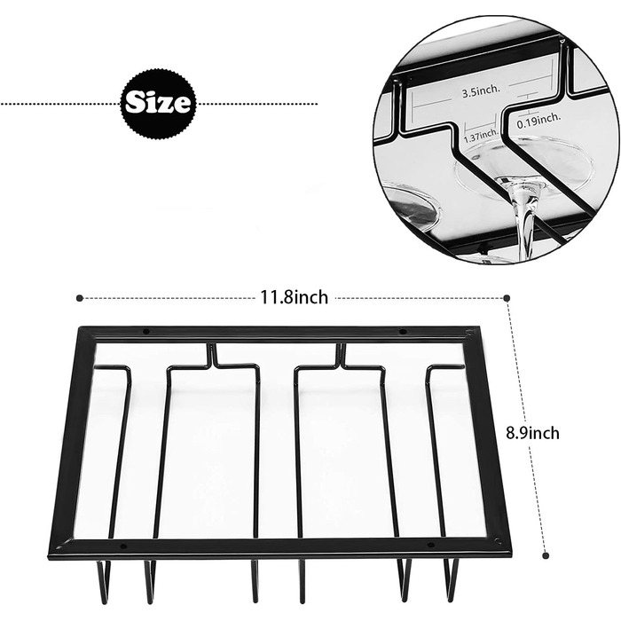 Тримач для келихів вина – органайзер для підвішування у шафу, металевий, для кухні, бару (3 ряди, 1 шт.) (Чорний)