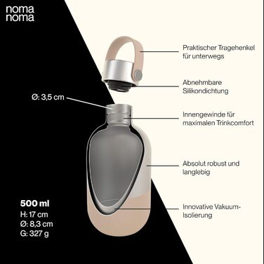 Пляшка для пиття noma noma ізольована пляшка з нержавіючої сталі 500 мл герметична пляшка-термос 500 мл, 750 мл і 1 л вакуумна пляшка для вуглекислого газу кліматично нейтральна та без бісфенолу А чай бежевий 500 мл чай бежевий