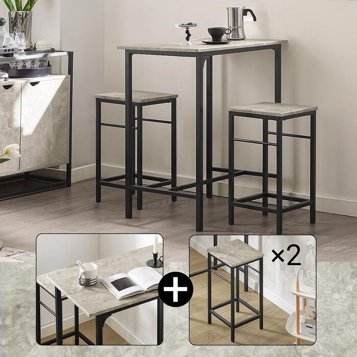 Набір обіднього столу SoBuy (3 шт.) – обідній стіл з 2 стільцями, компактний кухонний набір для вітальні, балкону, саду – компактний та сучасний для невеликих приміщень, 80x50 см, сірий