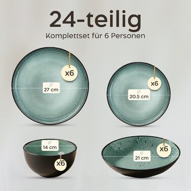 Набір посуду Twinzee Steingut 24 частини для 6 осіб: тарілки та миски, сервіз з каменю, колекція Riviera Sage