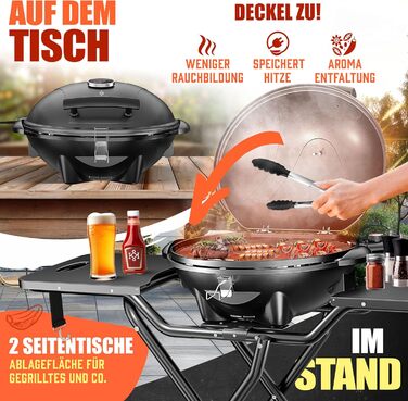 Електричний гриль KESSER® 2в1: настільний та напольний | 2400 Вт | Складаний | з термостатом, антипригарним покриттям та аксесуарами | Чорний