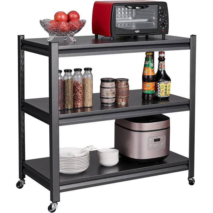 Металевий стелаж для кухні 80x86x45 см на коліщатках, чорний. Підходить для мікрохвильовки, інструментів, ванної кімнати та підвалу.