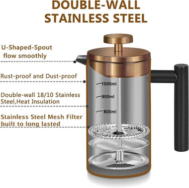 French Press MaxMiuly: Френч-прес для кави, 0,35 л, нержавіюча сталь, з подвійними стінками та 2 фільтрами (2 чашки)