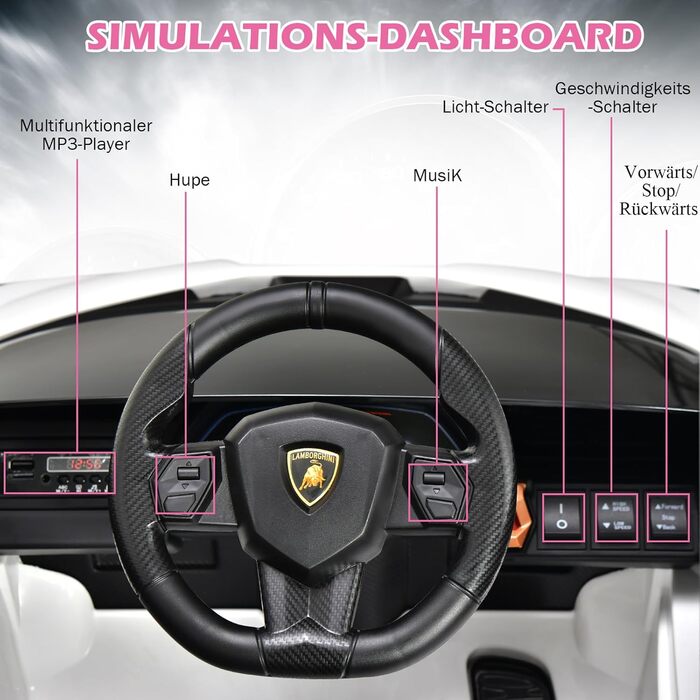 Електромобіль для дітей DREAMADE Lamborghini 12V з дистанційним керуванням, ременем безпеки, підсвіткою, музикою та сигналом, білий, для дітей від 3 років