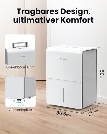 Електричний осушувач повітря Newentor 12L для підвалу, 35dB, з гофрованим шлангом 1м, для приміщень до 25м²/122м³, 10 років гарантії, фільтр, таймер, продуктивність 25л/день
