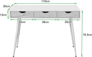Комп'ютерний стіл з шухлядами, 110x50x78 см, білий, метал та E1 ДСП, для дому та офісу