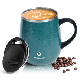 Кружка для кави та чаю Ideus 470 мл з подвійними стінками, нержавіюча сталь, з нековзним ручним тримачем та кришкою-висувним модулем (Трав'яний зелений)