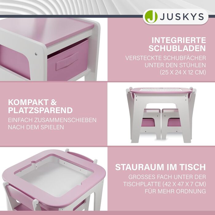 Дитяча стільниця Juskys Milou - комплект з 2 стільців та столу - дерев'яний дитячий столик з місцем для зберігання, стільниця для малювання (рожева)