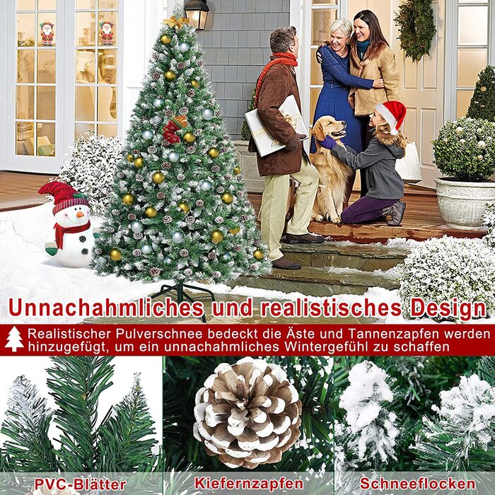 Штучна Різдвяна ялинка UISEBRT-Зелена штучна ялинка з ПВХ Ялинка для різдвяного декору, натурально-біла зі сніжинками, з вкл. Металева підставка (180 см, з ефектом снігу і соснових шишок)